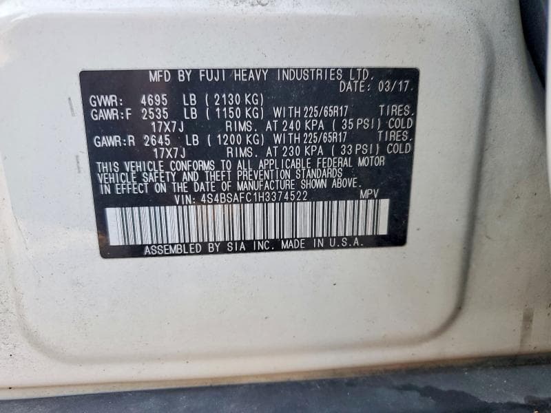 2017 SUBARU OUTBACK 2.5I PREMIUM 12