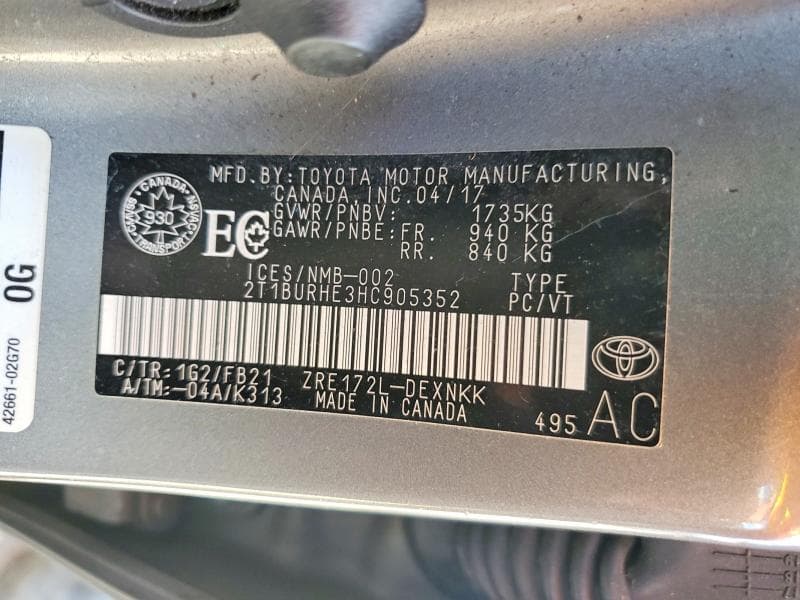 2017 TOYOTA COROLLA L 12