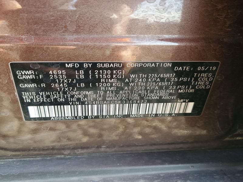 2019 SUBARU OUTBACK 2.5I PREMIUM 13