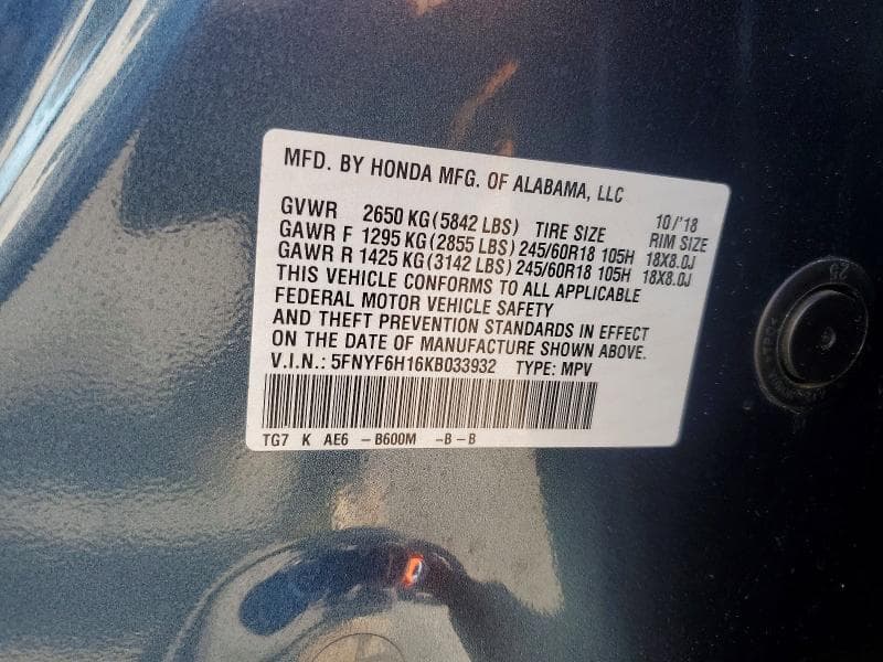 2019 HONDA PILOT LX 13