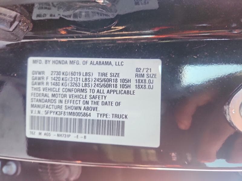 2021 HONDA RIDGELINE BLACK EDITION 12