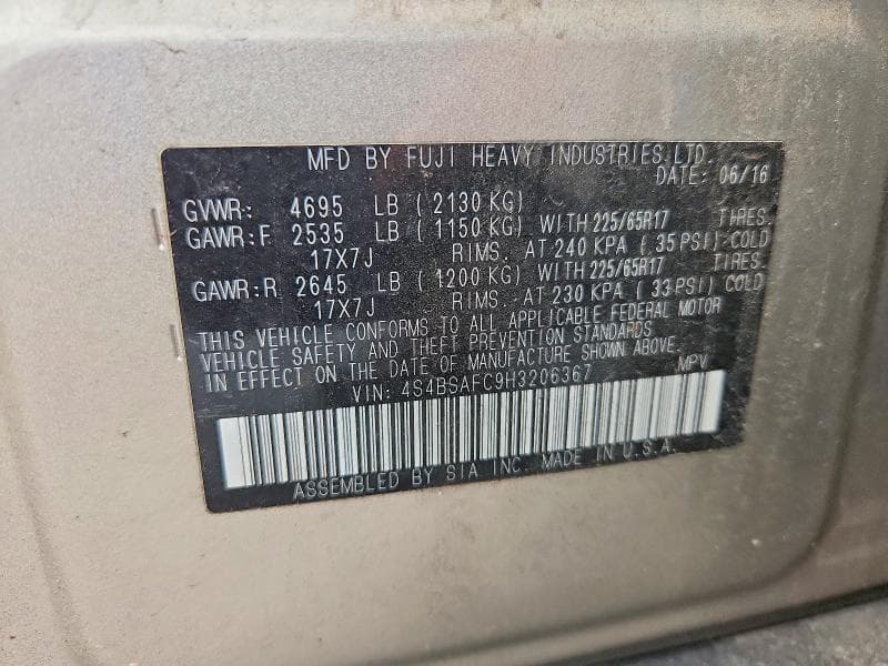 2017 SUBARU OUTBACK 2.5I PREMIUM 14