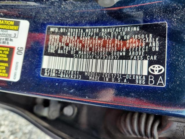 2019 TOYOTA COROLLA LE 12
