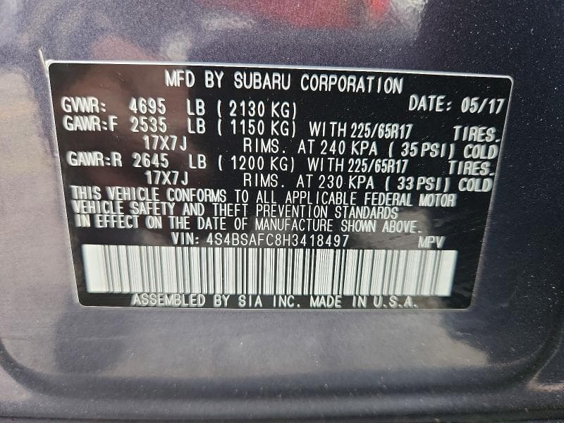 2017 SUBARU OUTBACK 2.5I PREMIUM 14
