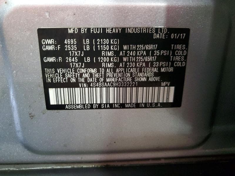 2017 SUBARU OUTBACK 2.5I 12