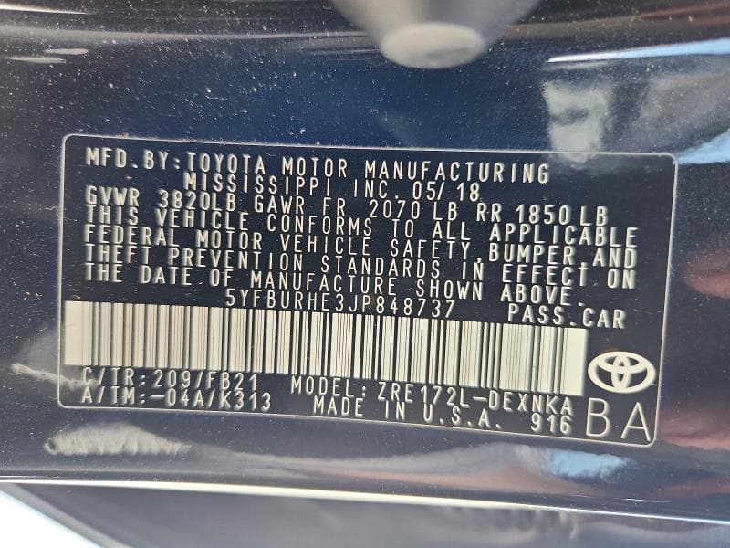2018 TOYOTA COROLLA LE 12
