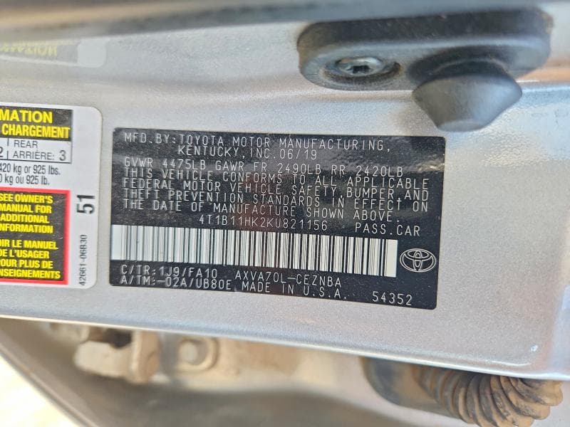 2019 TOYOTA CAMRY LE 12