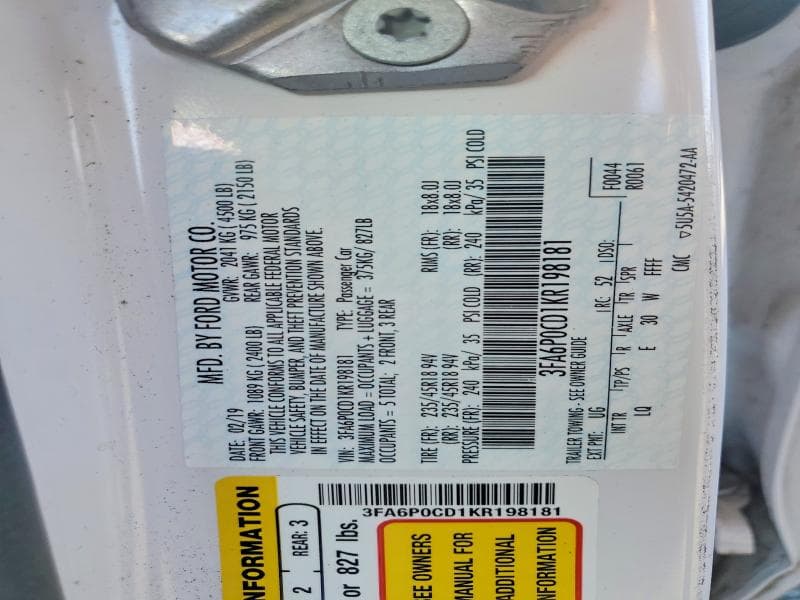 2019 FORD FUSION SEL 12