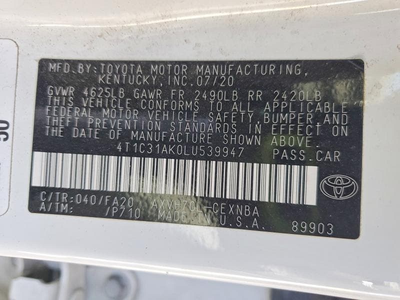 2020 TOYOTA CAMRY LE 12