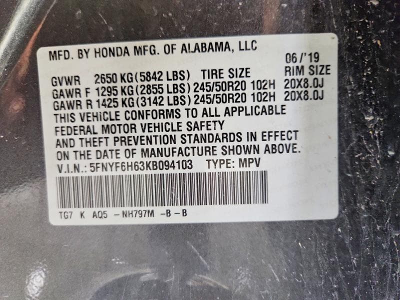 2019 HONDA PILOT TOURING 14