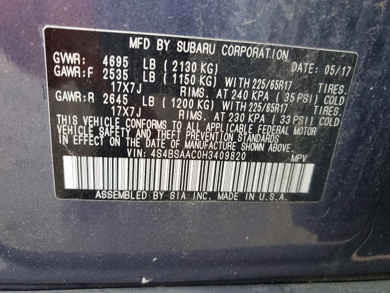 2017 SUBARU OUTBACK 2.5I 12