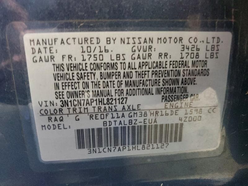 2017 NISSAN VERSA 1.6 S 12