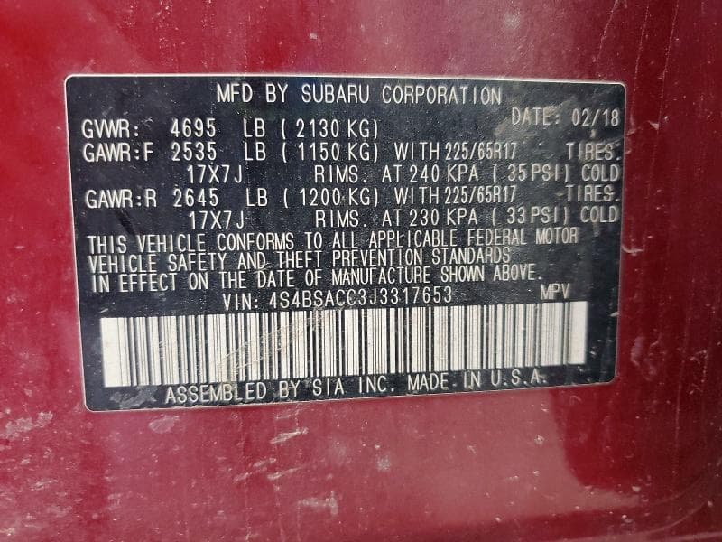 2018 SUBARU OUTBACK 2.5I PREMIUM 12