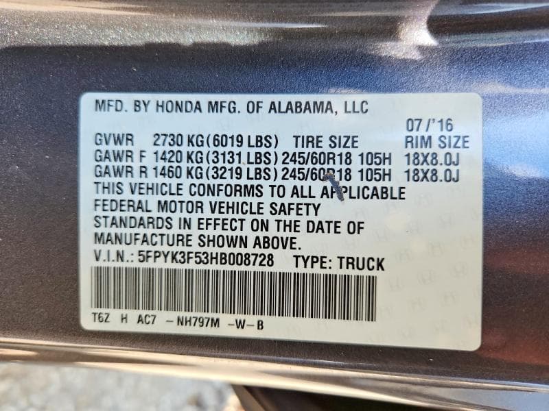 2017 HONDA RIDGELINE RTL 12