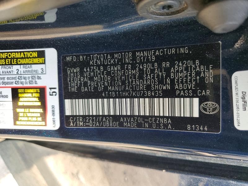 2019 TOYOTA CAMRY LE 12