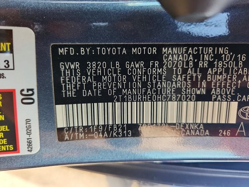 2017 TOYOTA COROLLA LE 12