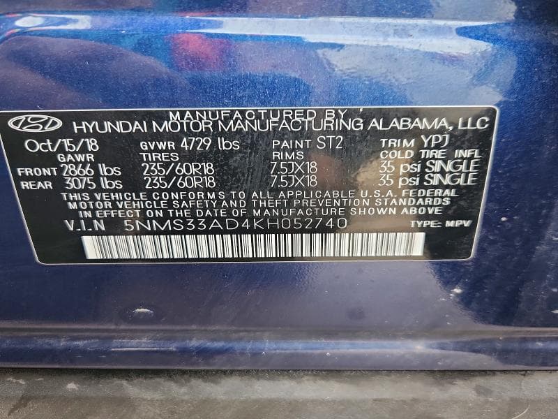 2019 HYUNDAI SANTA FE SEL PLUS 2.4L 13