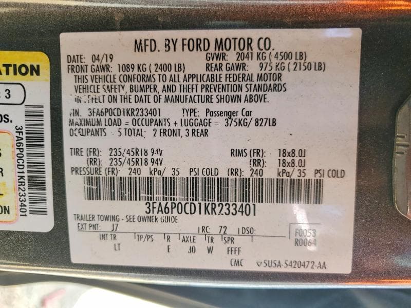 2019 FORD FUSION SEL 12