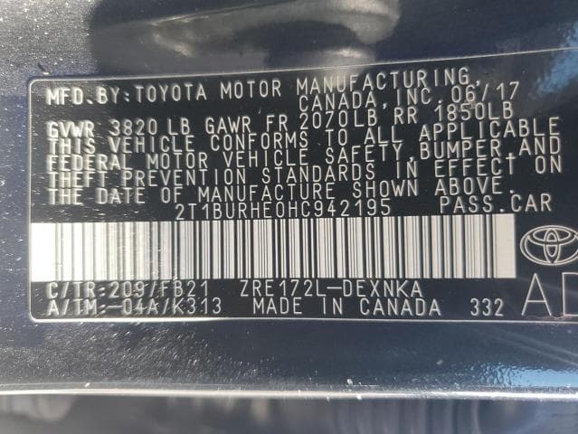 2017 TOYOTA COROLLA L 12