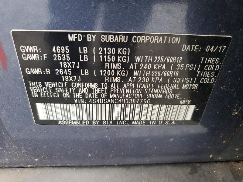 2017 SUBARU OUTBACK 2.5I LIMITED 13
