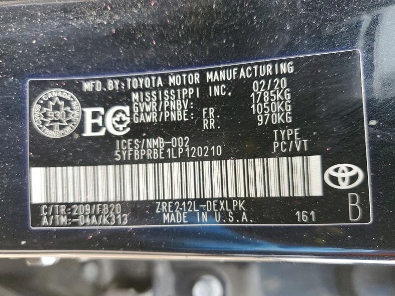 2020 TOYOTA COROLLA LE 12