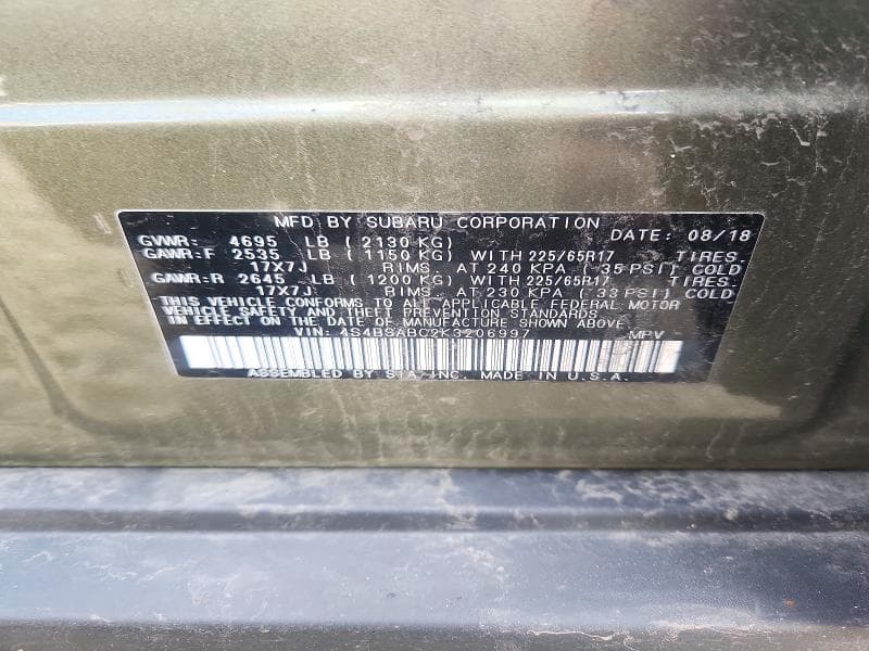2019 SUBARU OUTBACK 2.5I 12