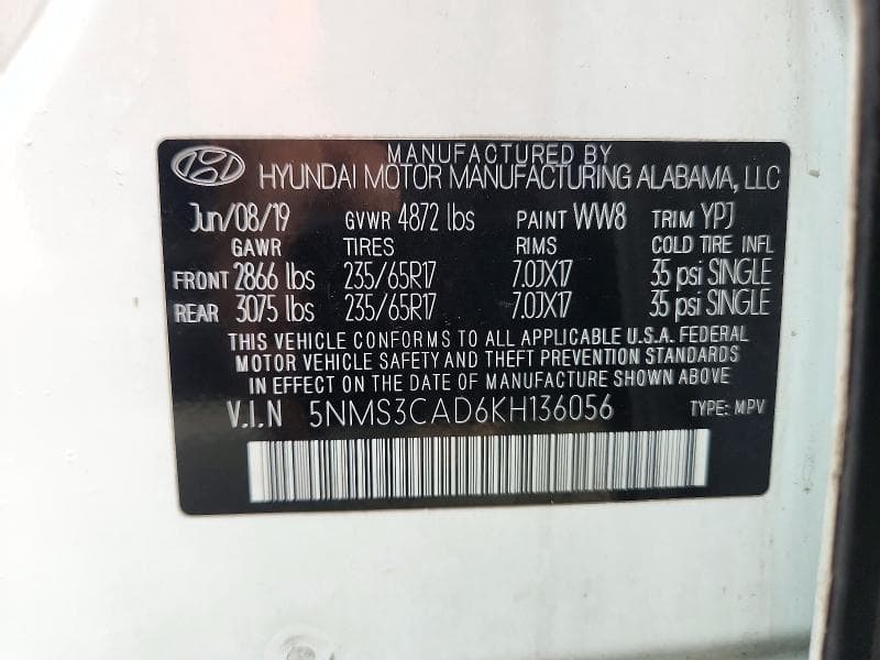 2019 HYUNDAI SANTA FE SEL 2.4L 14