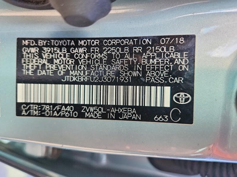 2018 TOYOTA PRIUS TWO 12