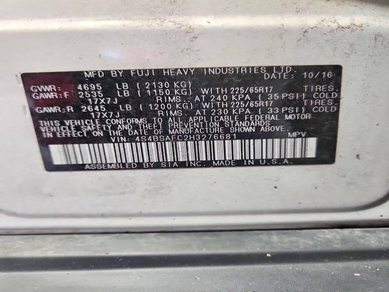 2017 SUBARU OUTBACK 2.5I PREMIUM 12