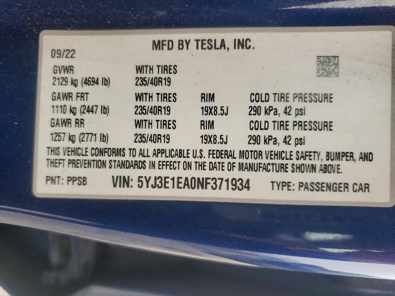 2022 TESLA MODEL 3 12