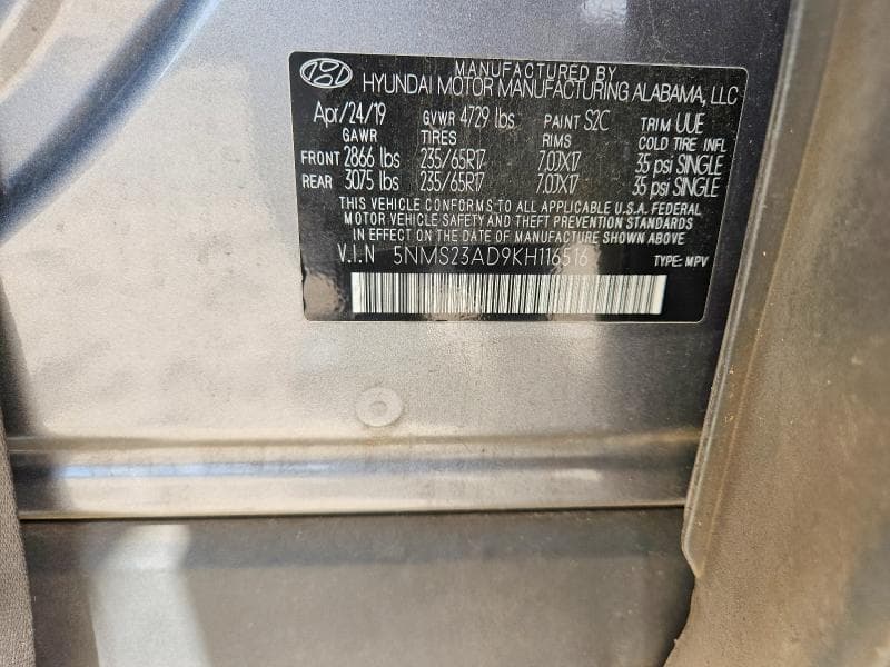 2019 HYUNDAI SANTA FE SE 2.4L 14