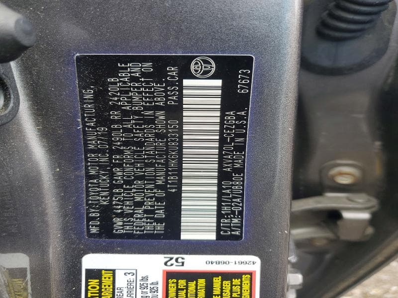 2019 TOYOTA CAMRY XLE XLE 12