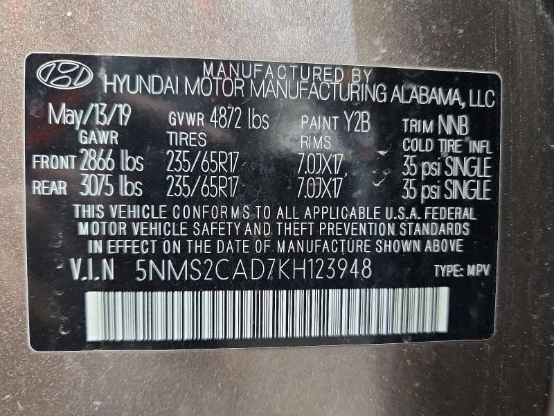 2019 HYUNDAI SANTA FE SE 2.4L SE 2.4L 14