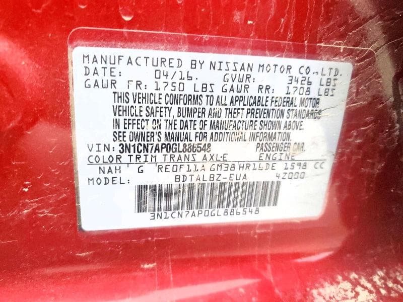 2016 NISSAN VERSA 1.6 SV 1.6 SV 12