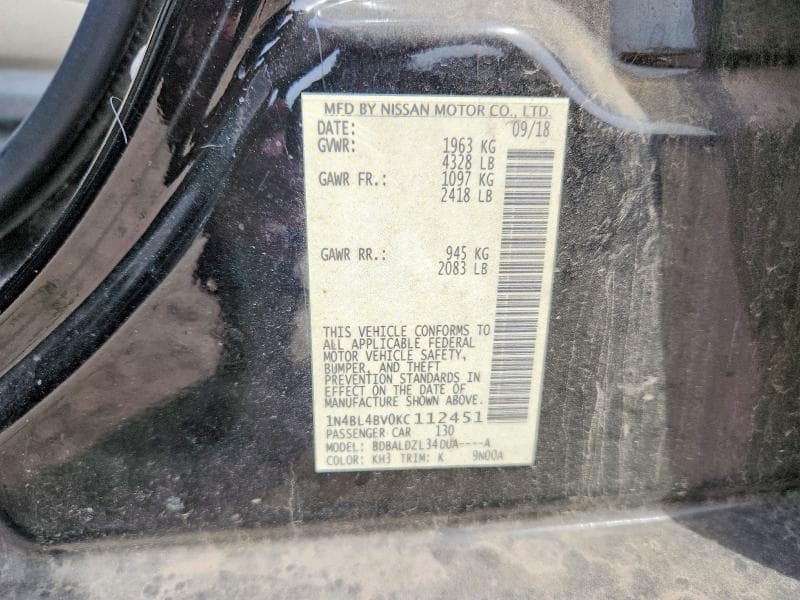 2019 NISSAN ALTIMA 2.5 S 2.5 S 12