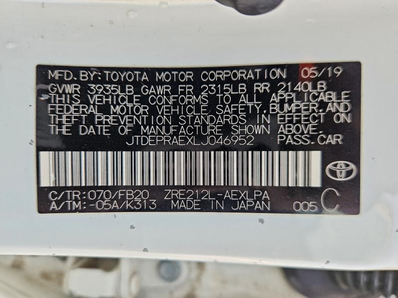 2020 TOYOTA COROLLA LE 12