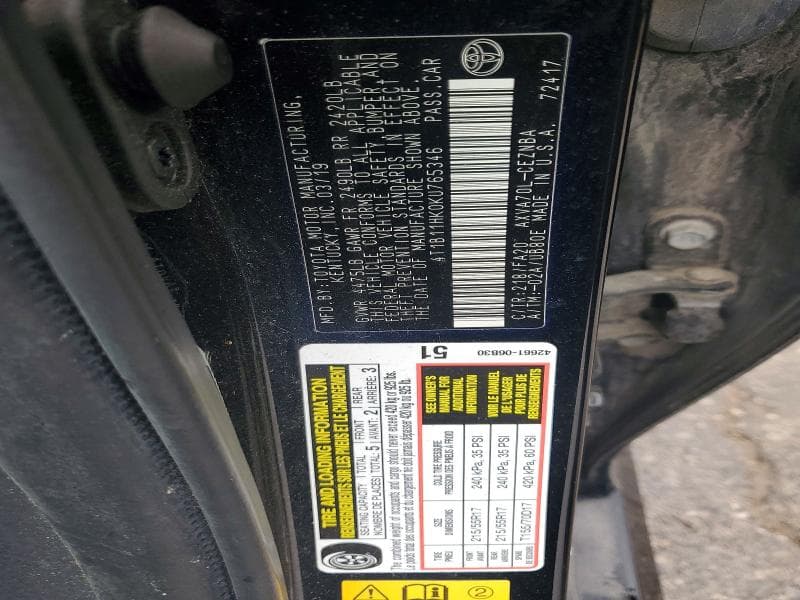 2019 TOYOTA CAMRY LE 12