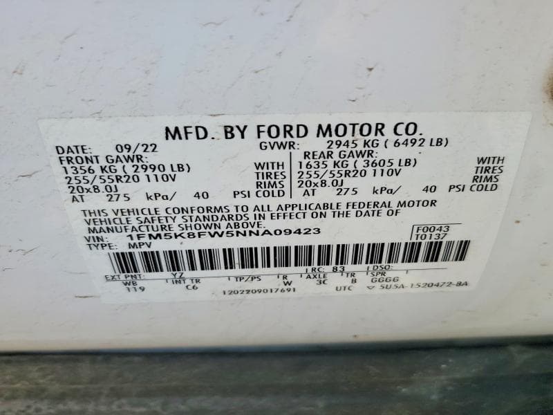 2022 FORD EXPLORER LIMITED HYBRID 4WD V6 LIMITED 12