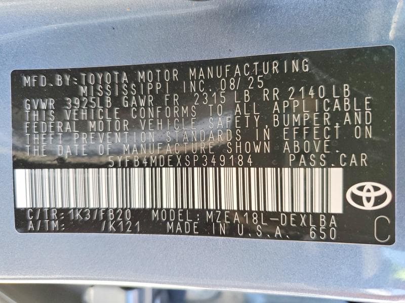 2025 TOYOTA COROLLA LE 12