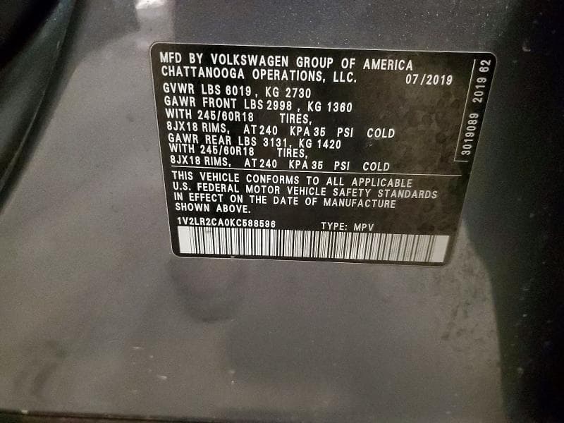 2019 VOLKSWAGEN ATLAS SE SE 15
