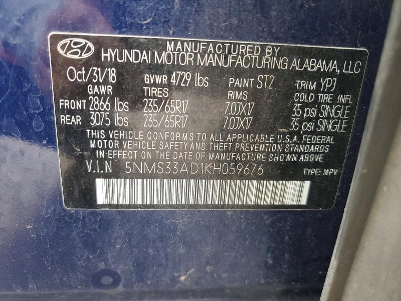 2019 HYUNDAI SANTA FE SEL 2.4L SEL 2.4L 13