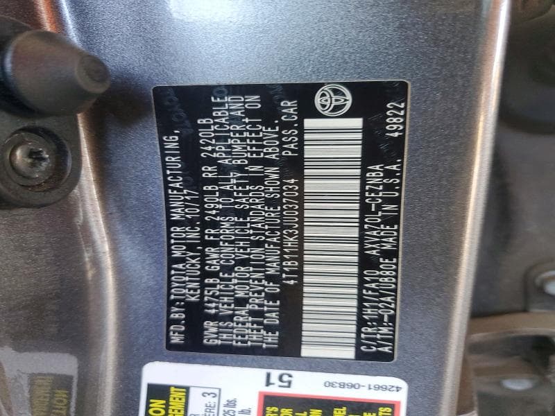 2018 TOYOTA CAMRY LE 12