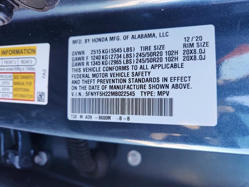 2021 HONDA PILOT SE 13