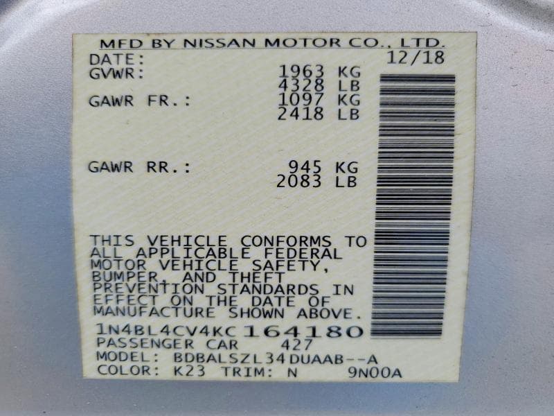 2019 NISSAN ALTIMA SR SR 12