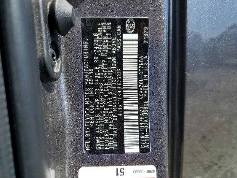2018 TOYOTA CAMRY LE 12