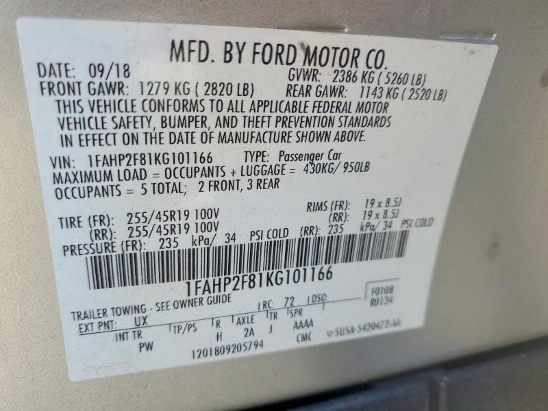 2019 FORD TAURUS LIMITED LIMITED 12