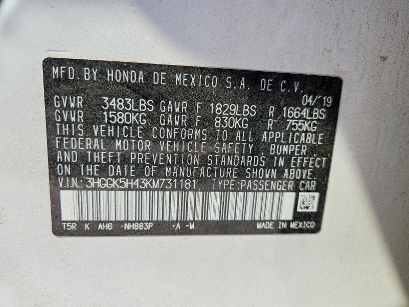 2019 HONDA FIT LX LX 12