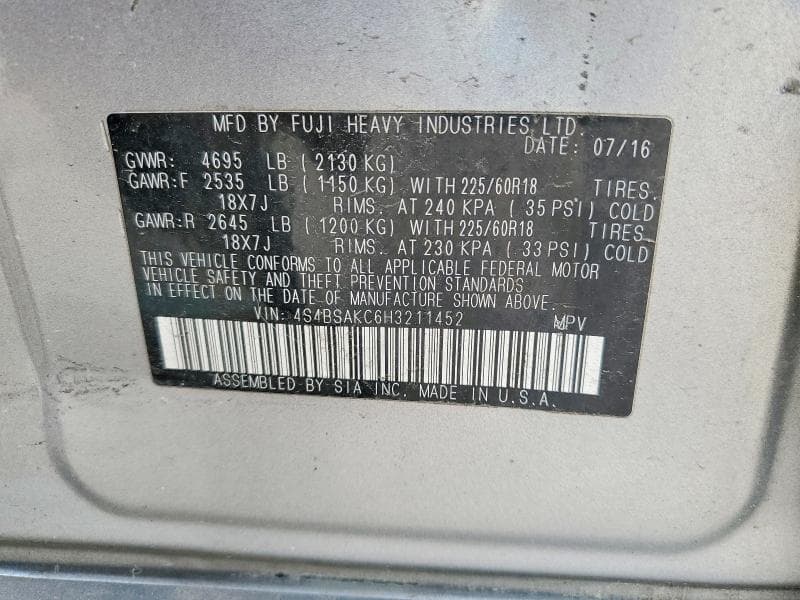 2017 SUBARU OUTBACK 2.5I LIMITED 12