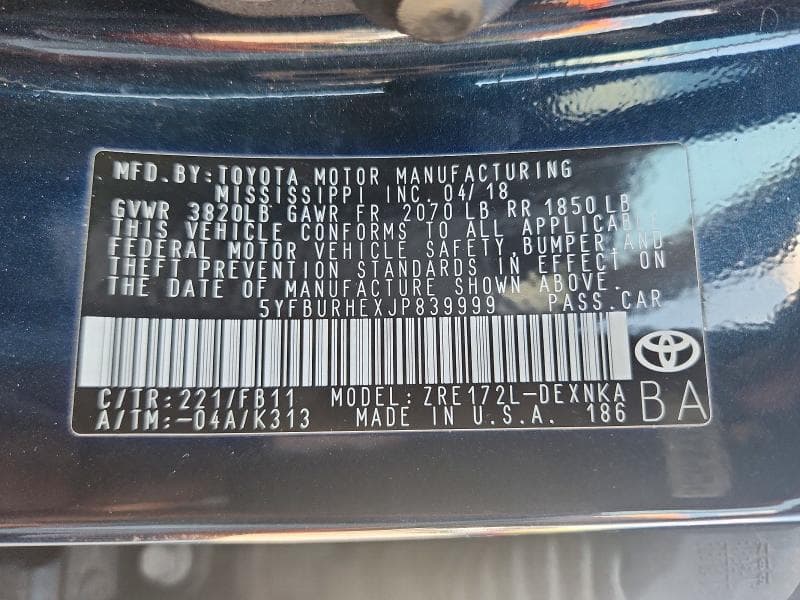 2018 TOYOTA COROLLA LE LE 12