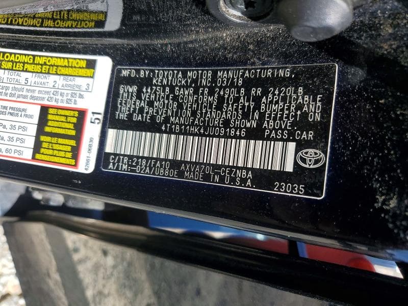 2018 TOYOTA CAMRY LE LE 12